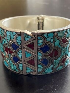 Tibetan/Nepal turquoise, coral and lapis hinged cuff bracelet